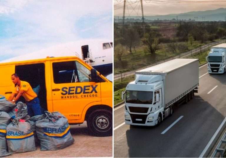 A esquerda: veículo dos Correios sendo carregado. A direita, um caminhão transportando.