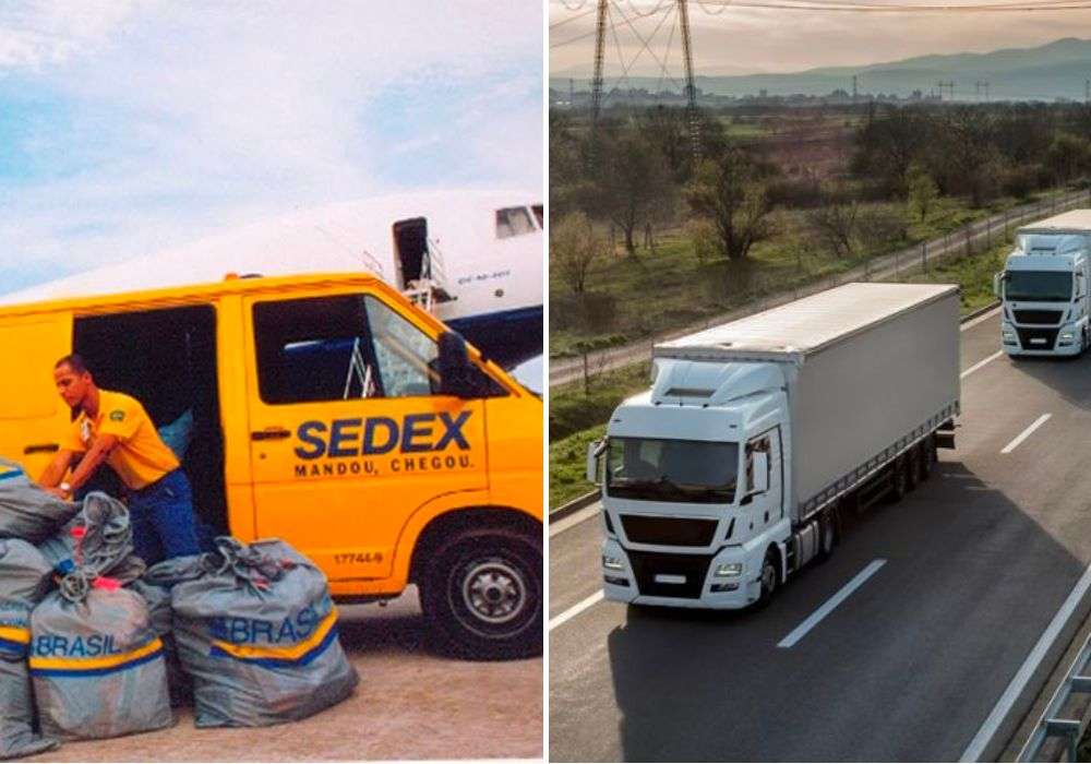 A esquerda: veículo dos Correios sendo carregado. A direita, um caminhão transportando.